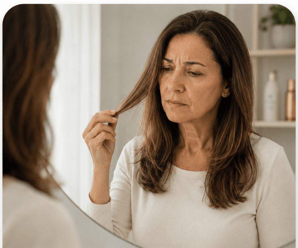 Mulher analisando uma meça de cabelo no espelho